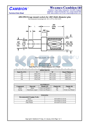 450-3394 datasheet - Swage mount socket, for .025 (0,64) diameter pins