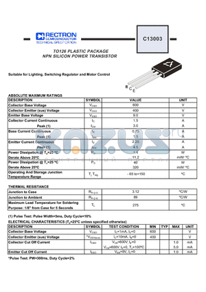 C13003 datasheet - TO126 PLASTIC PACKAGE NPN SILICON POWER TRANSISTOR