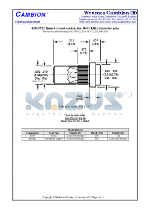 450-3721 datasheet - Knurl mount socket, for .040 (1,02) diameter pins