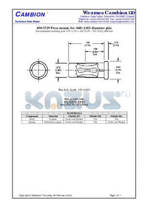 450-3729 datasheet - Press mount, for .040 (1,02) diameter pins