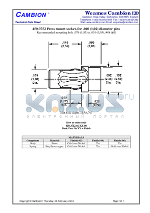 450-3752 datasheet - Press mount socket, for .040 (1,02) diameter pins