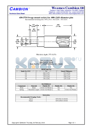 450-3754 datasheet - Swage mount socket, for .080 (2,03) diameter pins