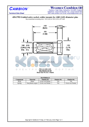 450-3783 datasheet - Guided entry socket, solder mount, for .040 (1,02) diameter pins