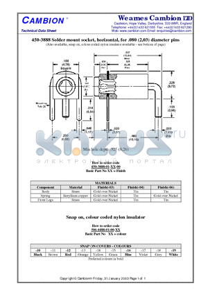 450-3888 datasheet - Solder mount socket, horizontal, for .080 (2,03) diameter pins