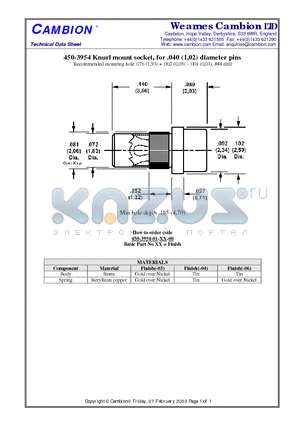 450-3954 datasheet - Knurl mount socket, for .040 (1,02) diameter pins