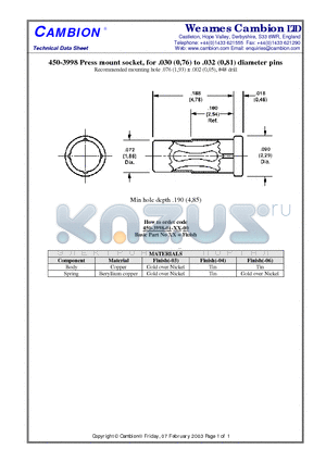 450-3998 datasheet - Press mount socket, for .030 (0,76) to .032 (0,81) diameter pins