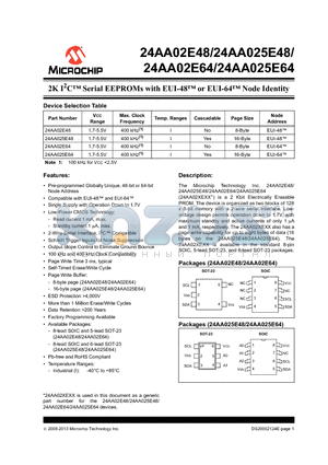 24AA02E48 datasheet - 2K I2C Serial EEPROMs with EUI-48 or EUI-64 Node Identity