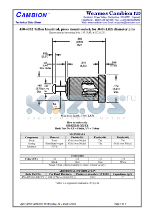 450-4352 datasheet - Teflon Insulated, press mount socket, for .040 (1,02) diameter pins