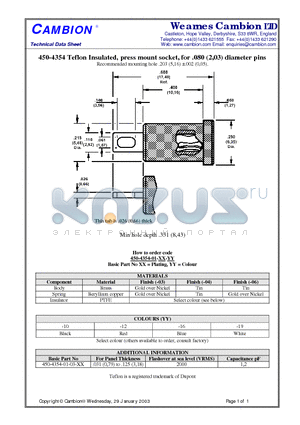 450-4354 datasheet - Teflon Insulated, press mount socket, for .080 (2,03) diameter pins