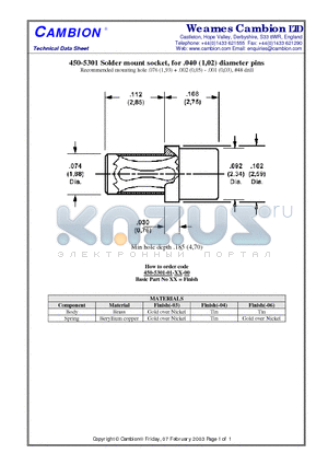 450-5301 datasheet - Solder mount socket, for .040 (1,02) diameter pins