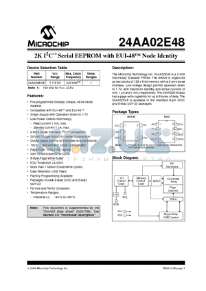24AA02E48T-I/SN datasheet - 2K I2C Serial EEPROM with EUI-48 Node Identity