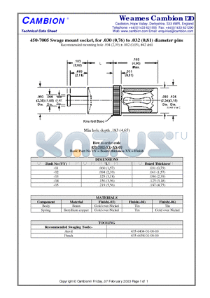 450-7005 datasheet - Swage mount socket, for .030 (0,76) to .032 (0,81) diameter pins