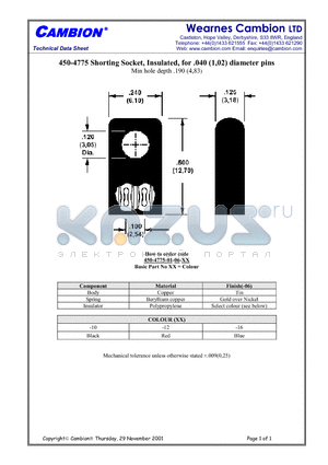 450-4775 datasheet - Shorting Socket, Insulated, for .040 (1,02) diameter pins