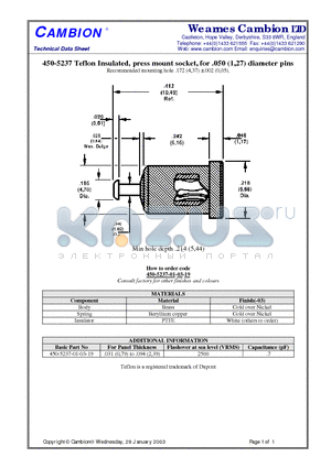 450-5237 datasheet - Teflon Insulated, press mount socket, for .050 (1,27) diameter pins