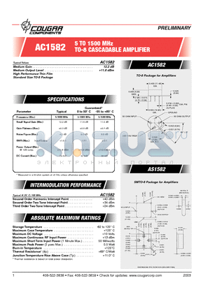 AC1582 datasheet - 5 TO 1500 MHz TO-8 CASCADABLE AMPLIFIER