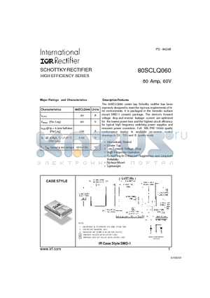 80SCLQ060 datasheet - SCHOTTKY RECTIFIER HIGH EFFICIENCY SERIES