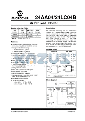 24AA04-E/OT datasheet - 4K I2C Serial EEPROM