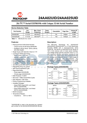 24AA02UID datasheet - 2K I2C Serial EEPROMs with Unique 32-bit Serial Number