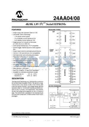 24AA04 datasheet - 4K/8K 1.8V I2C Serial EEPROMs