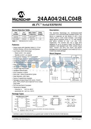 24AA04-E/MNY datasheet - 4K I2C Serial EEPROM