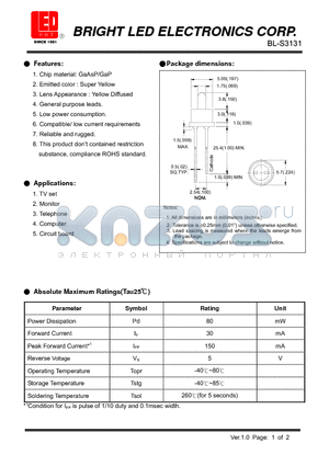 BL-S3131 datasheet - GaAsP/GaP Super Yellow Low power consumption.