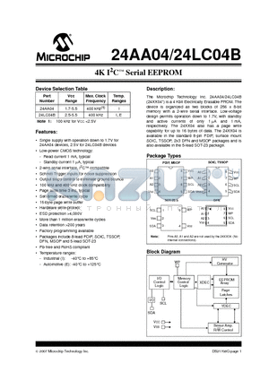 24AA04-I/MS datasheet - 4K I2C Serial EEPROM