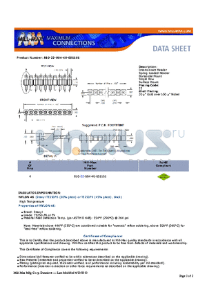810-22-004-40-001101 datasheet - Interconnect Header Spring-Loaded Header Horizontal Mount Single Row Surface Mount