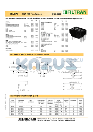 8100 datasheet - T1/CEPT ISDN PRI Transformers