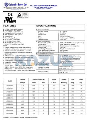 AC200 datasheet - 200 Watt Single Output U Frame AC-DC Modules with PFC