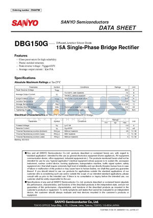 DBG150G datasheet - Diffused Junction Silicon Diode 15A Single-Phase Bridge Rectifier