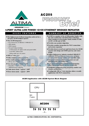 AC205 datasheet - 5-PORT ULTRA LOW POWER 10/100 ETHERNET BRIDGED REPEATER