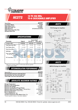 AC272 datasheet - 10 TO 250 MHz TO-8 CASCADABLE AMPLIFIER