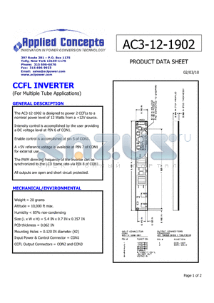 AC3-12-1902 datasheet - The AC3-12-1902 is designed to power 2 CCFLs to a nominal power level of 12 Watts from a 12V source.