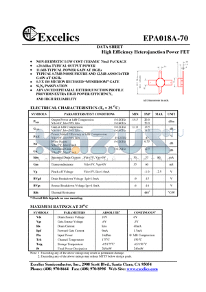 EPA018A-70 datasheet - High Efficiency Heterojunction Power FET