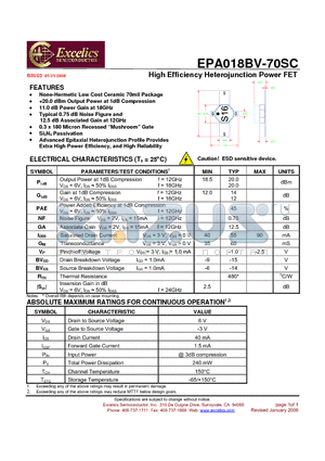 EPA018BV-70SC datasheet - High Efficiency Heterojunction Power FET
