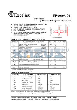 EPA040A-70 datasheet - High Efficiency Heterojunction Power FET