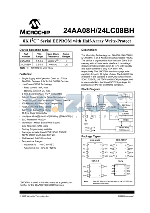 24AA08H datasheet - 8K I2C Serial EEPROM with Half-Array Write-Protect