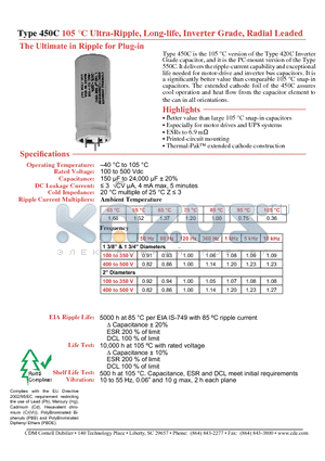 450C datasheet - Ultra-Ripple, Long-life, Inverter Grade, Radial Leaded The Ultimate in Ripple for Plug-in