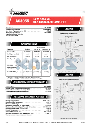AC3055 datasheet - 10 TO 3000 MHz TO-8 CASCADABLE AMPLIFIER