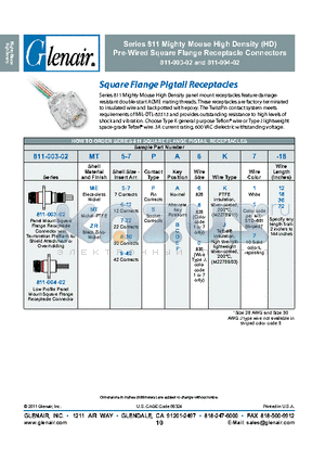 811-003-02 datasheet - Series 811 Mighty Mouse High Density (HD) Pre-Wired Square Flange Receptacle Connectors 811-003-02 and 811-004-02