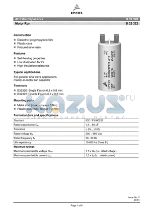 B32322 datasheet - AC Film Capacitors Motor Run