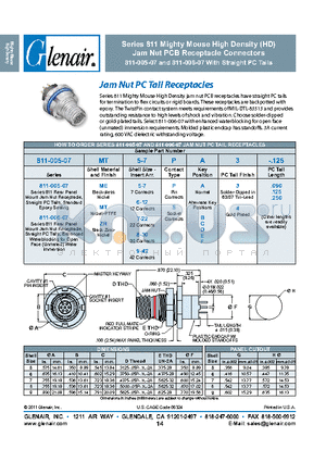 811-005-07 datasheet - Series 811 Mighty Mouse High Density (HD) Jam Nut P CB Receptacle Connectors 811-005-07 and 811-006-07 With S traight P C Tails