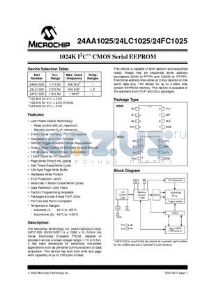 24AA1025T-I/P datasheet - 1024K I2C CMOS Serial EEPROM