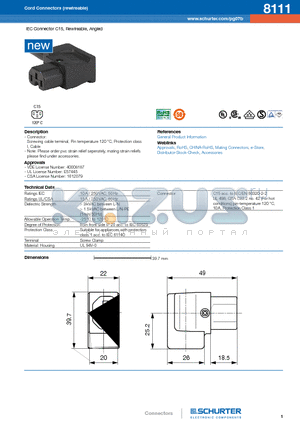 8111 datasheet - IEC Connector C15, Rewireable, Angled