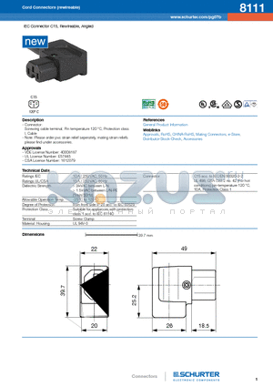 8111-H-ABC0-D-EJ datasheet - IEC Connector C15, Rewireable, Angled