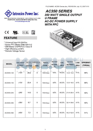 AC350S-240 datasheet - 350 WATT SINGLE OUTPUT U FRAME AC-DC POWER SUPPLY WITH PFC