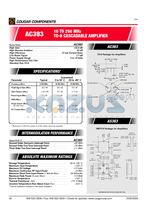 AC383 datasheet - 10 TO 250 MHz TO-8 CASCADABLE AMPLIFIER