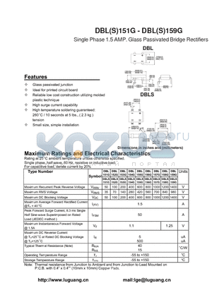 DBL151G datasheet - Single Phase 1.5 AMP. Glass Passivated Bridge Rectifiers