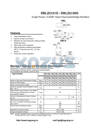 DBL154G datasheet - Single Phase 1.5 AMP. Glass Passivated Bridge Rectifiers