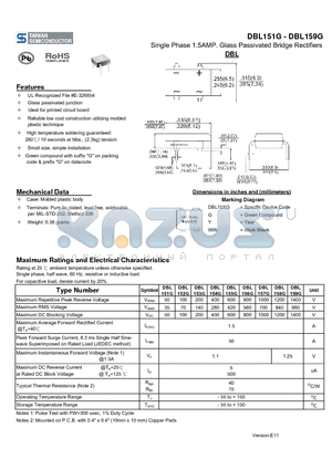 DBL153G datasheet - Single Phase 1.5AMP. Glass Passivated Bridge Rectifiers